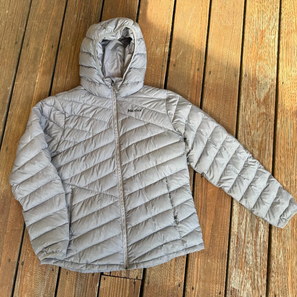 Light Grey Marmot Down Hoody Puffer Jacket Parka Size XL